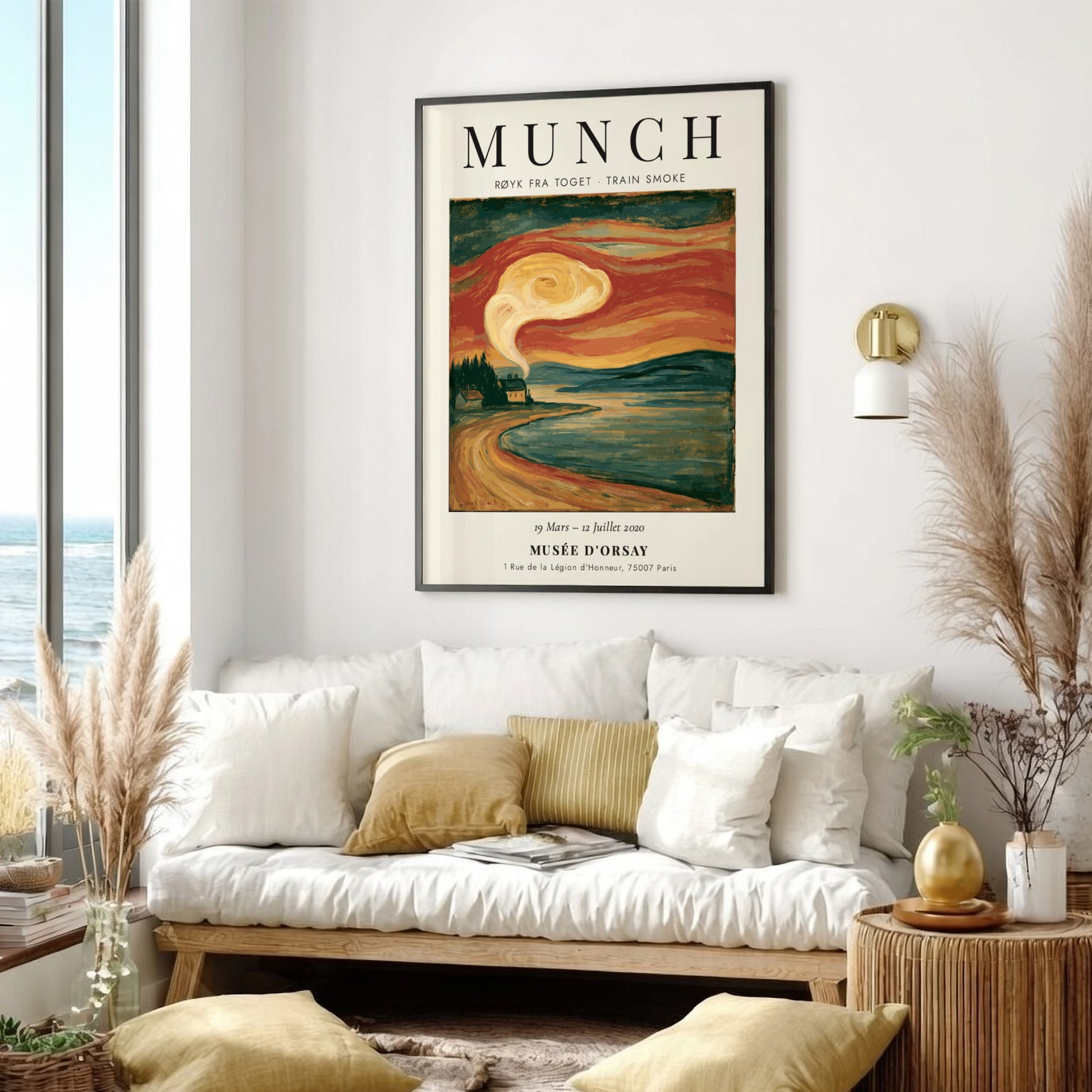Train Smoke poster featuring Edvard Munch's artwork with swirling smoke in vibrant orange and blue tones