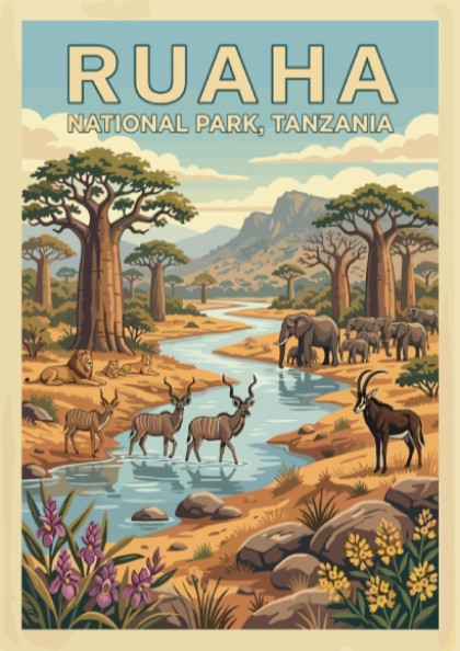 Wildlife poster featuring Ruaha National Park with elephants and antelopes in earthy tones, perfect for
