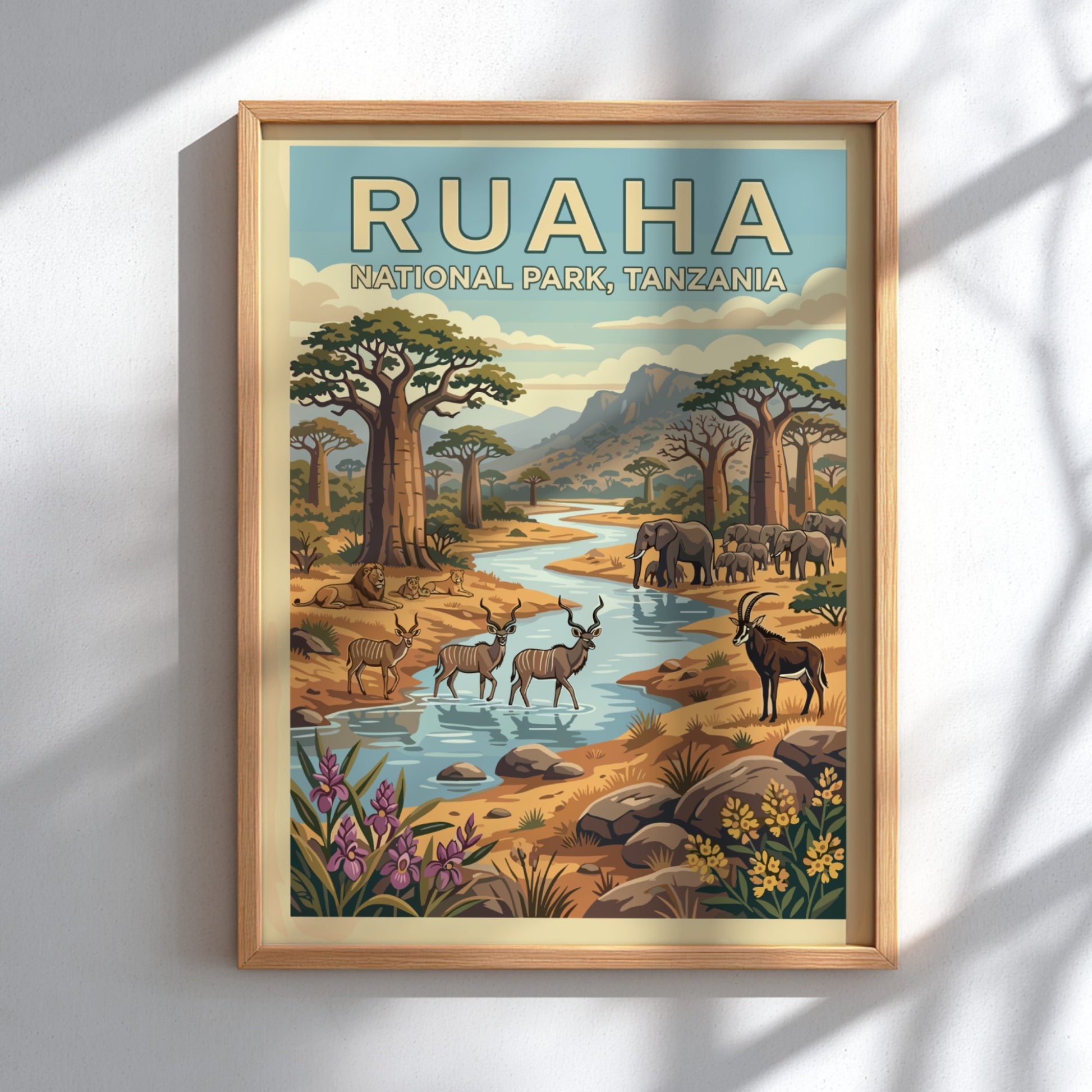 Wildlife poster featuring Ruaha National Park with elephants and antelopes in earthy tones, perfect for