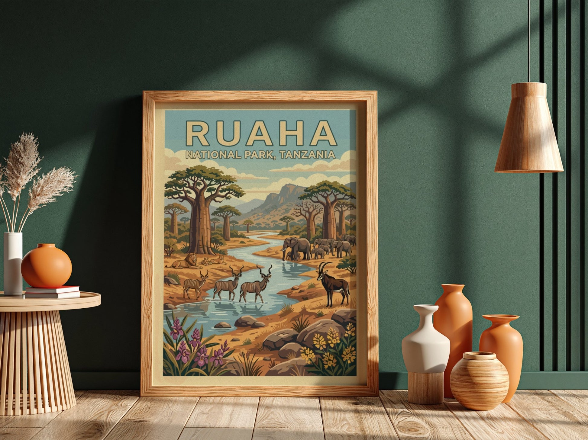 Wildlife poster featuring Ruaha National Park with elephants and antelopes in earthy tones, perfect for