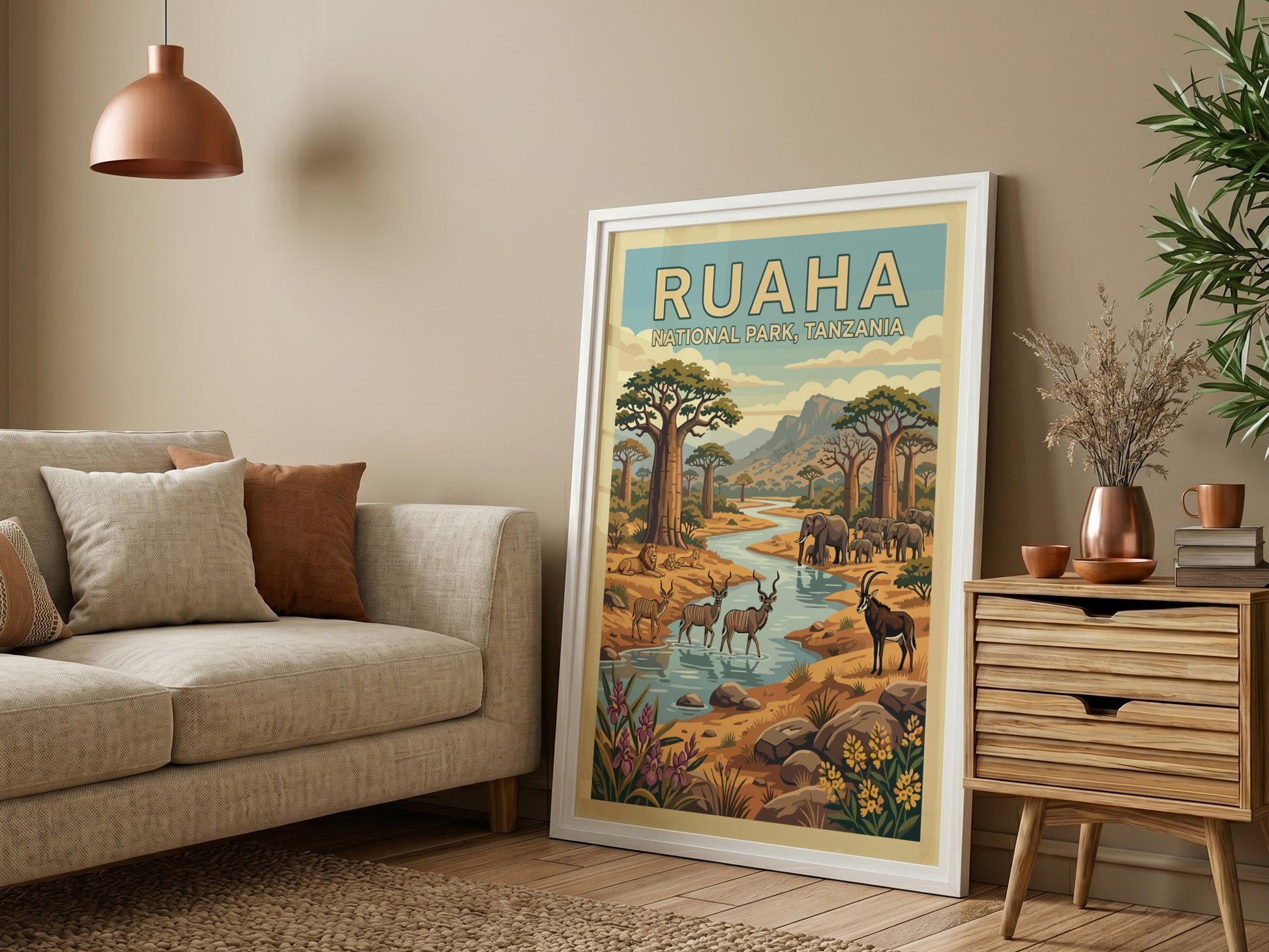 Wildlife poster featuring Ruaha National Park with elephants and antelopes in earthy tones, perfect for