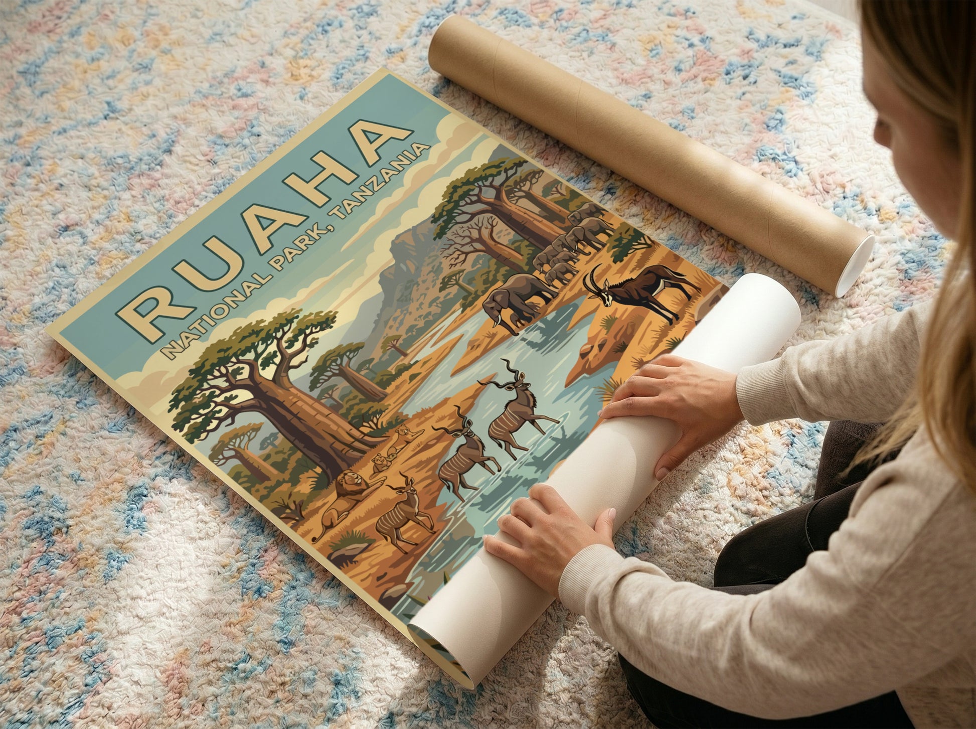 Wildlife poster featuring Ruaha National Park with elephants and antelopes in earthy tones, perfect for