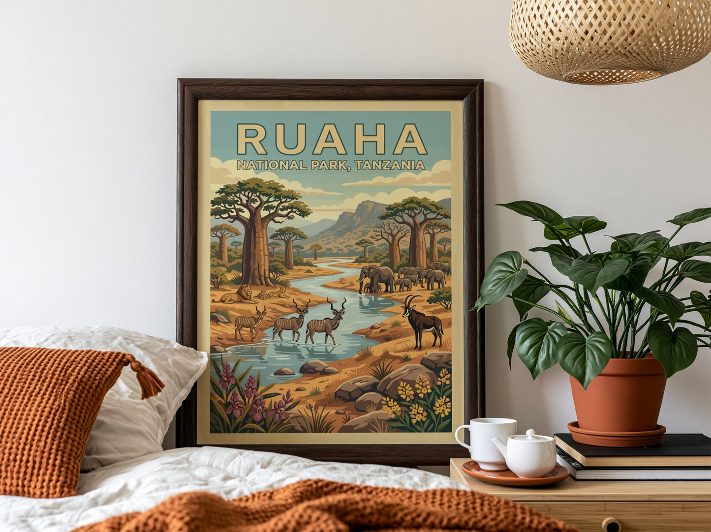 Wildlife poster featuring Ruaha National Park with elephants and antelopes in earthy tones, perfect for
