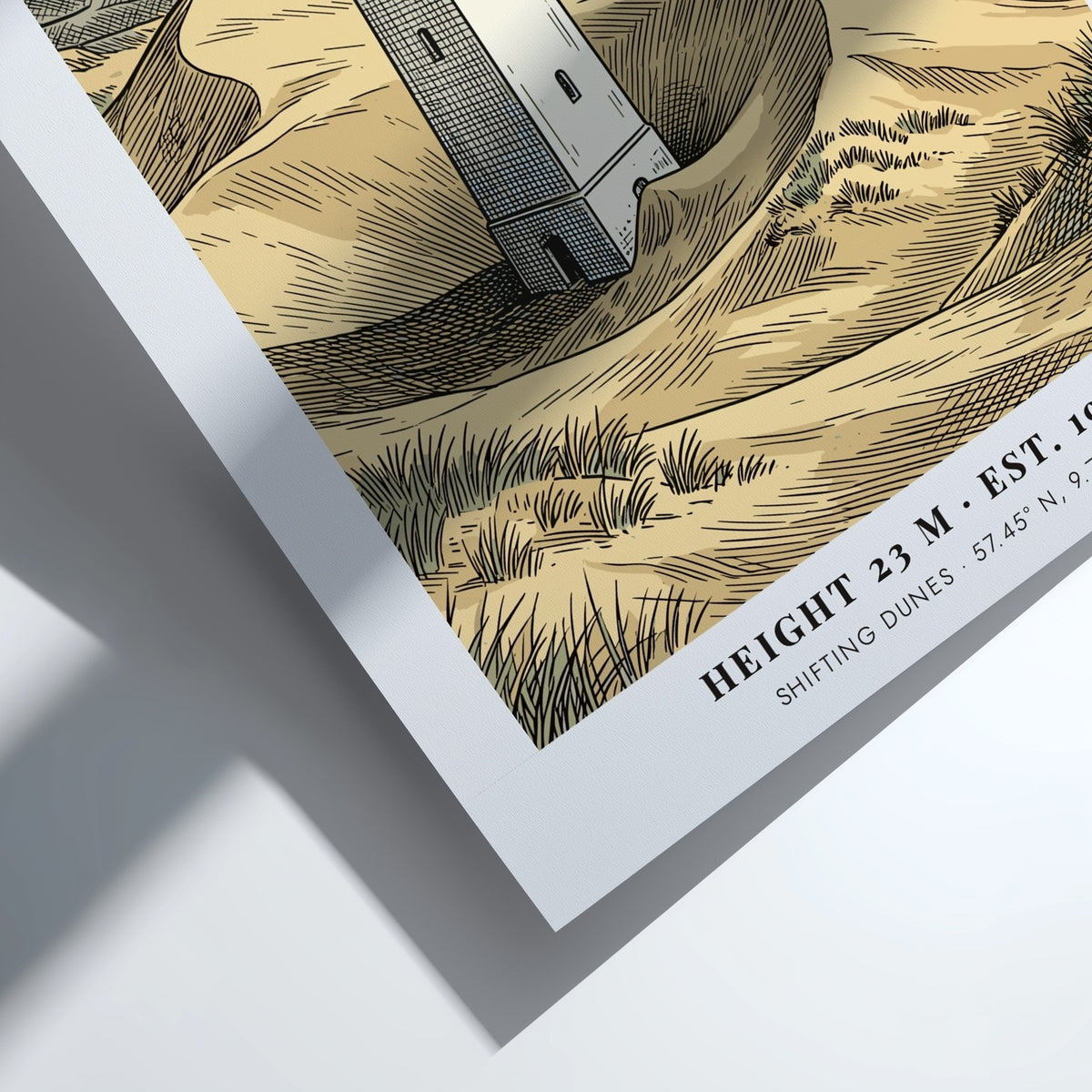 Poster of the Rubjerg Knude lighthouse standing among shifting sandy dunes in Denmark.