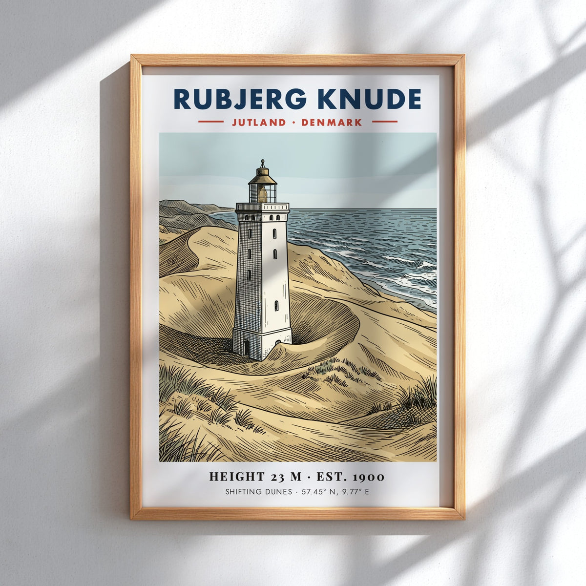 Poster of the Rubjerg Knude lighthouse standing among shifting sandy dunes in Denmark.