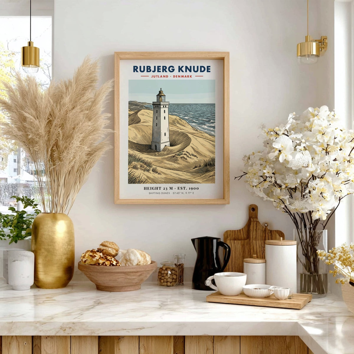 Poster of the Rubjerg Knude lighthouse standing among shifting sandy dunes in Denmark.