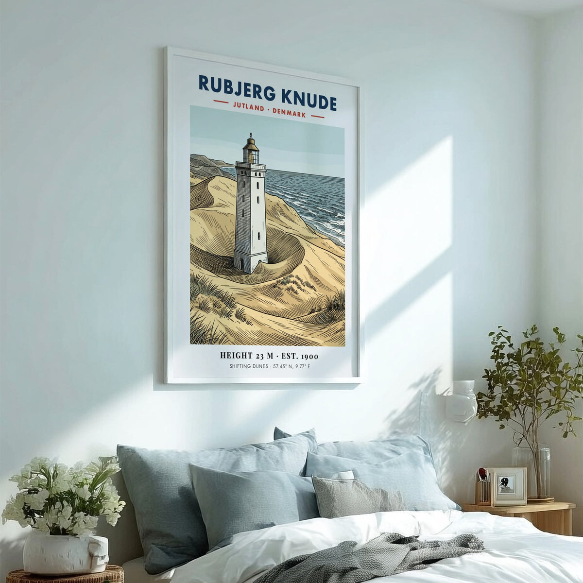 Poster of the Rubjerg Knude lighthouse standing among shifting sandy dunes in Denmark.