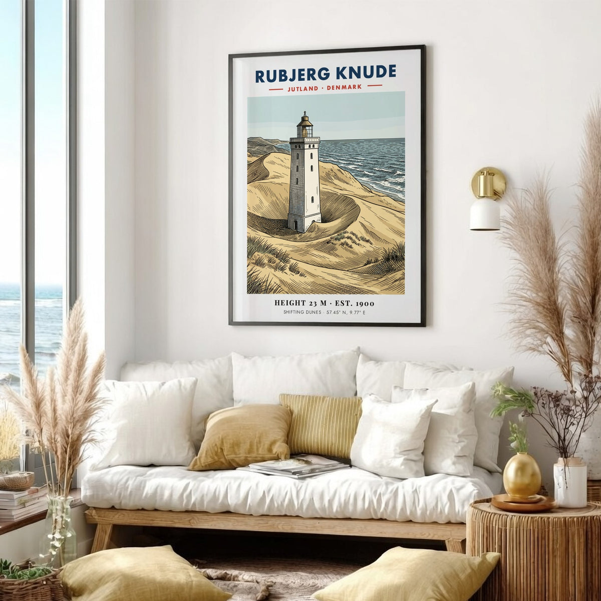 Poster of the Rubjerg Knude lighthouse standing among shifting sandy dunes in Denmark.