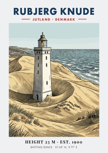 Poster of the Rubjerg Knude lighthouse standing among shifting sandy dunes in Denmark.