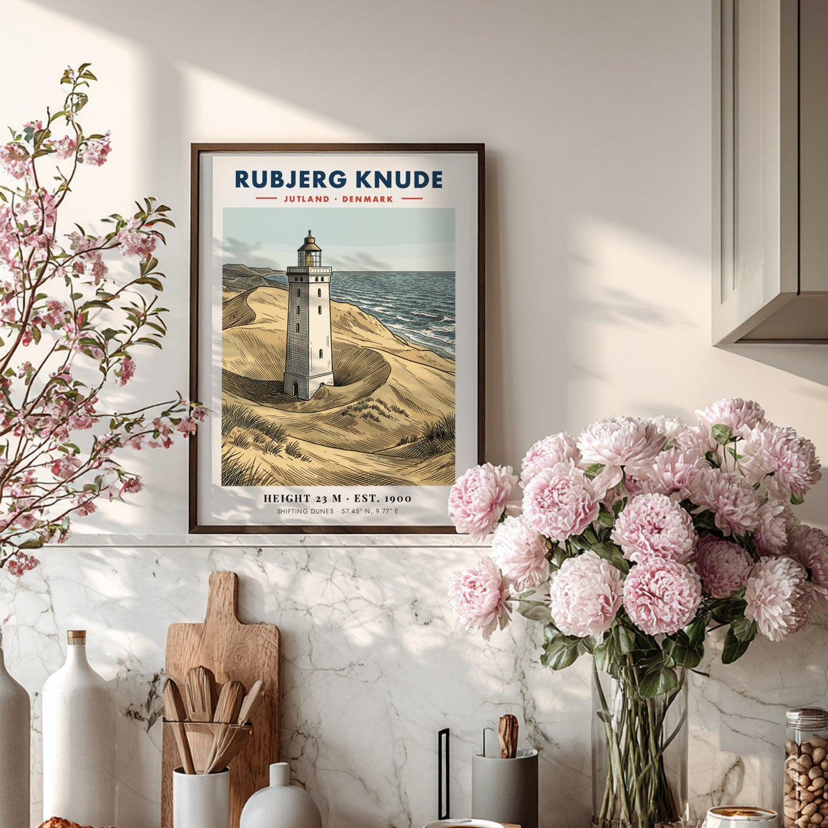 Poster of the Rubjerg Knude lighthouse standing among shifting sandy dunes in Denmark.
