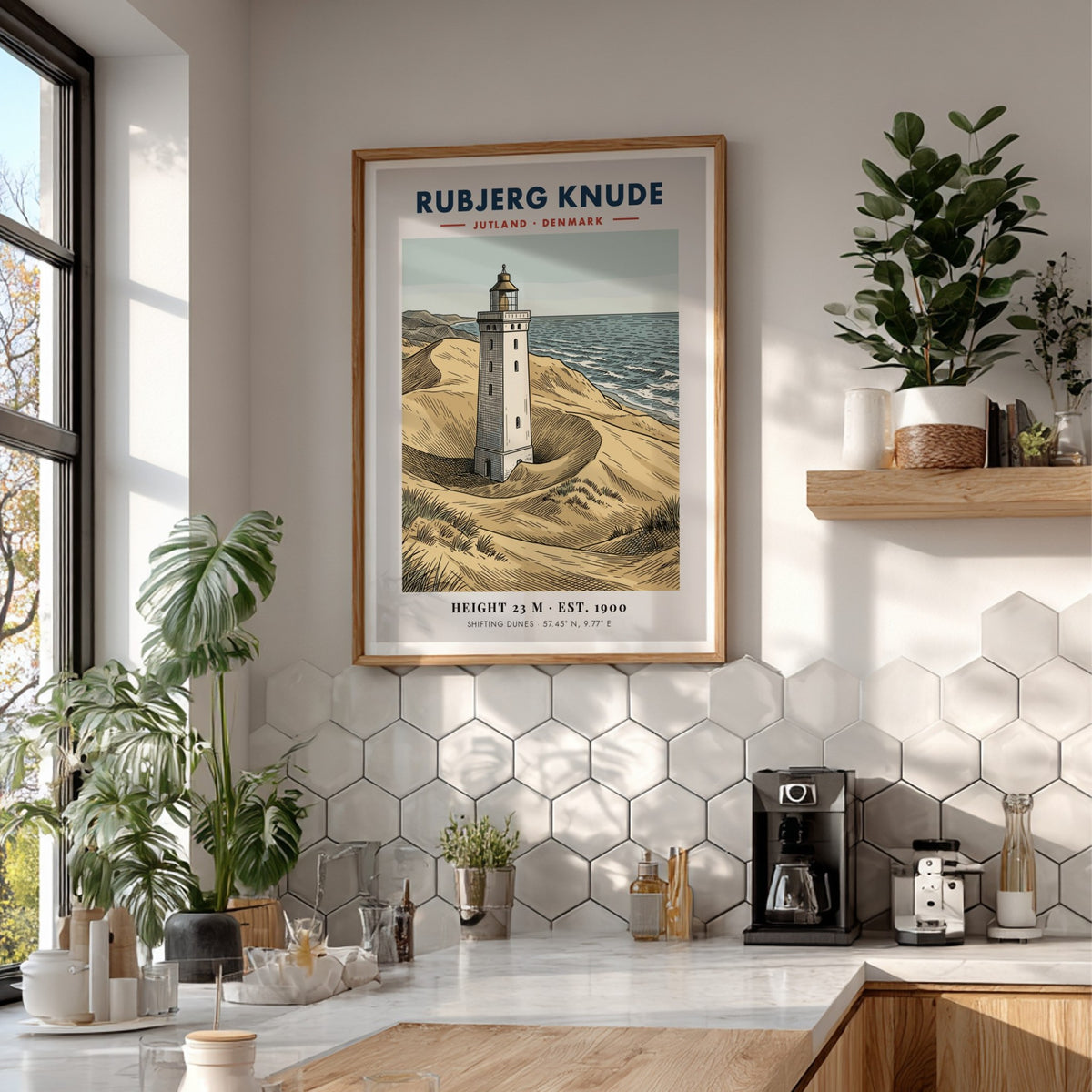 Poster of the Rubjerg Knude lighthouse standing among shifting sandy dunes in Denmark.