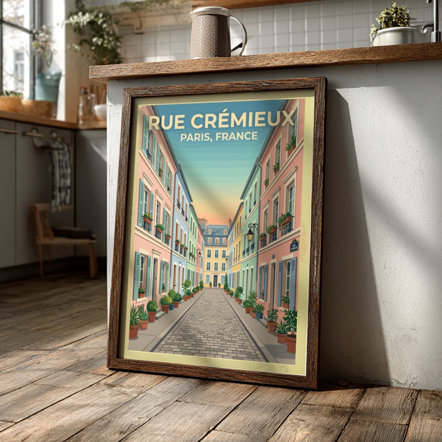 Travel poster of Rue Crémieux in Paris featuring pastel buildings and flower pots in a vintage style