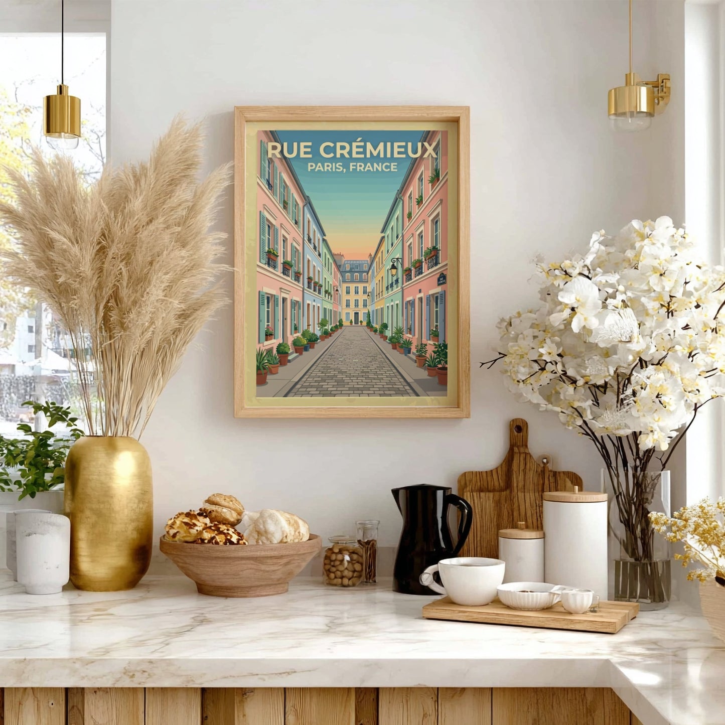 Travel poster of Rue Crémieux in Paris featuring pastel buildings and flower pots in a vintage style