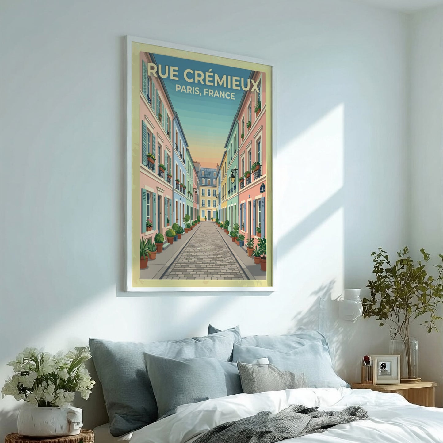 Travel poster of Rue Crémieux in Paris featuring pastel buildings and flower pots in a vintage style