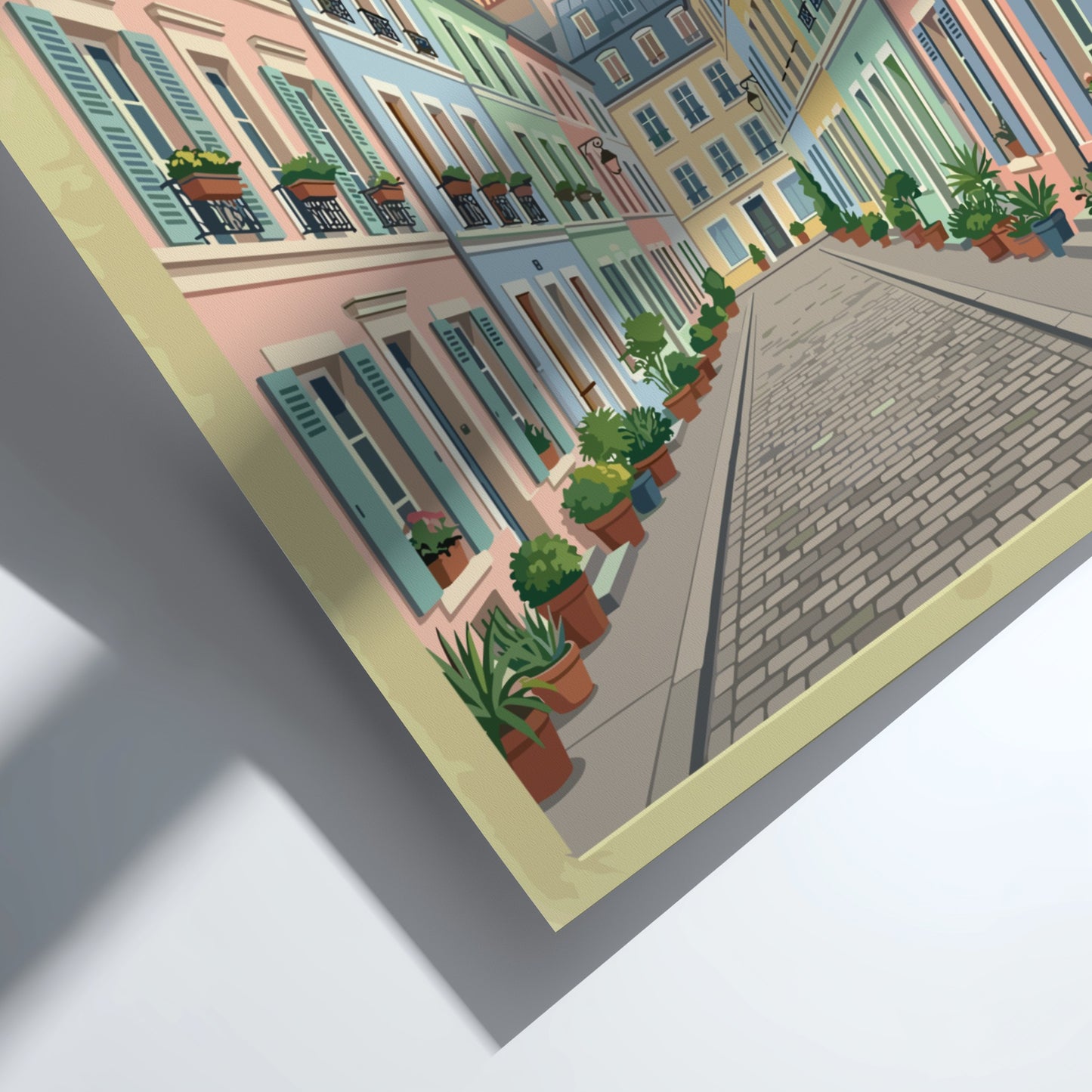 Travel poster of Rue Crémieux in Paris featuring pastel buildings and flower pots in a vintage style