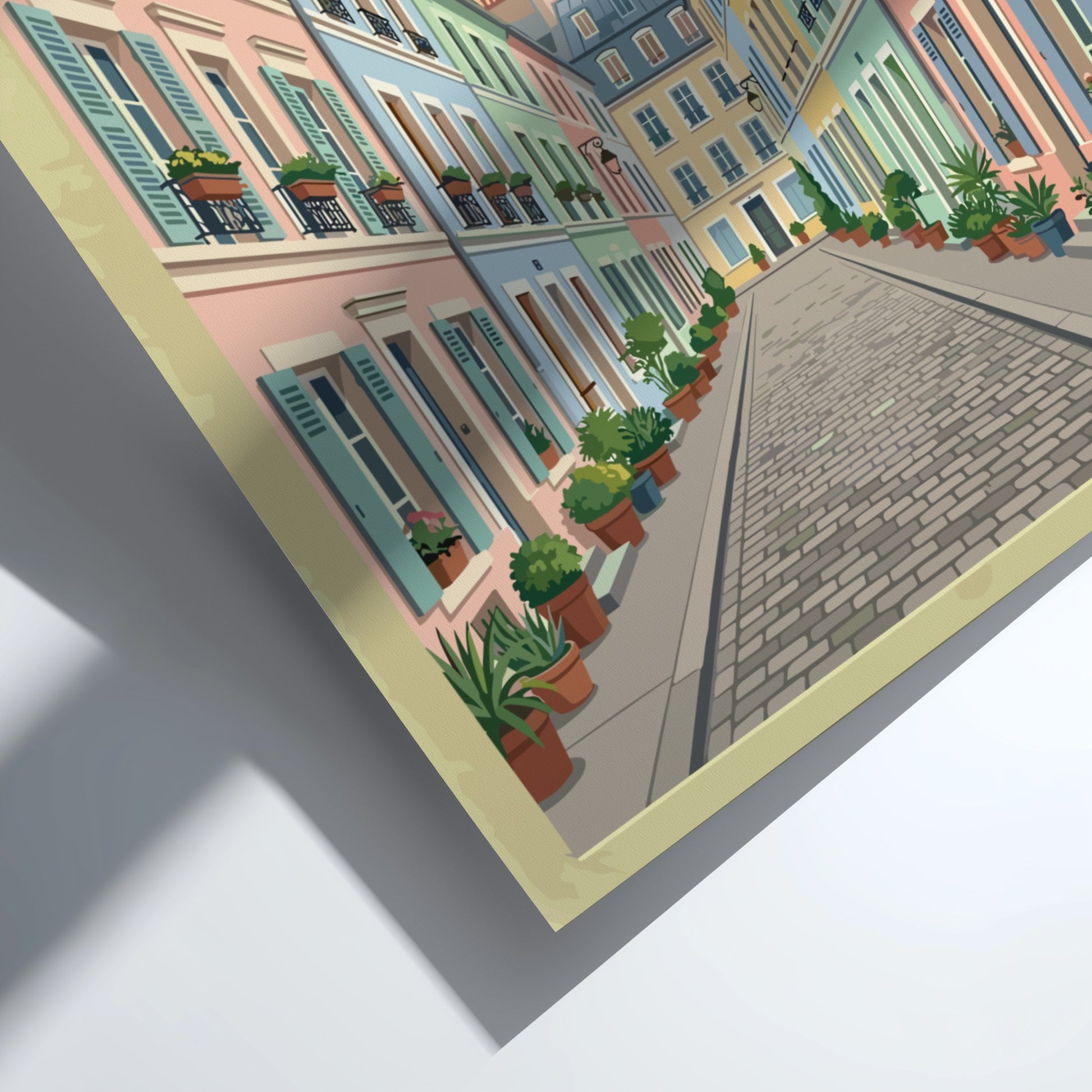 Travel poster of Rue Crémieux in Paris featuring pastel buildings and flower pots in a vintage style