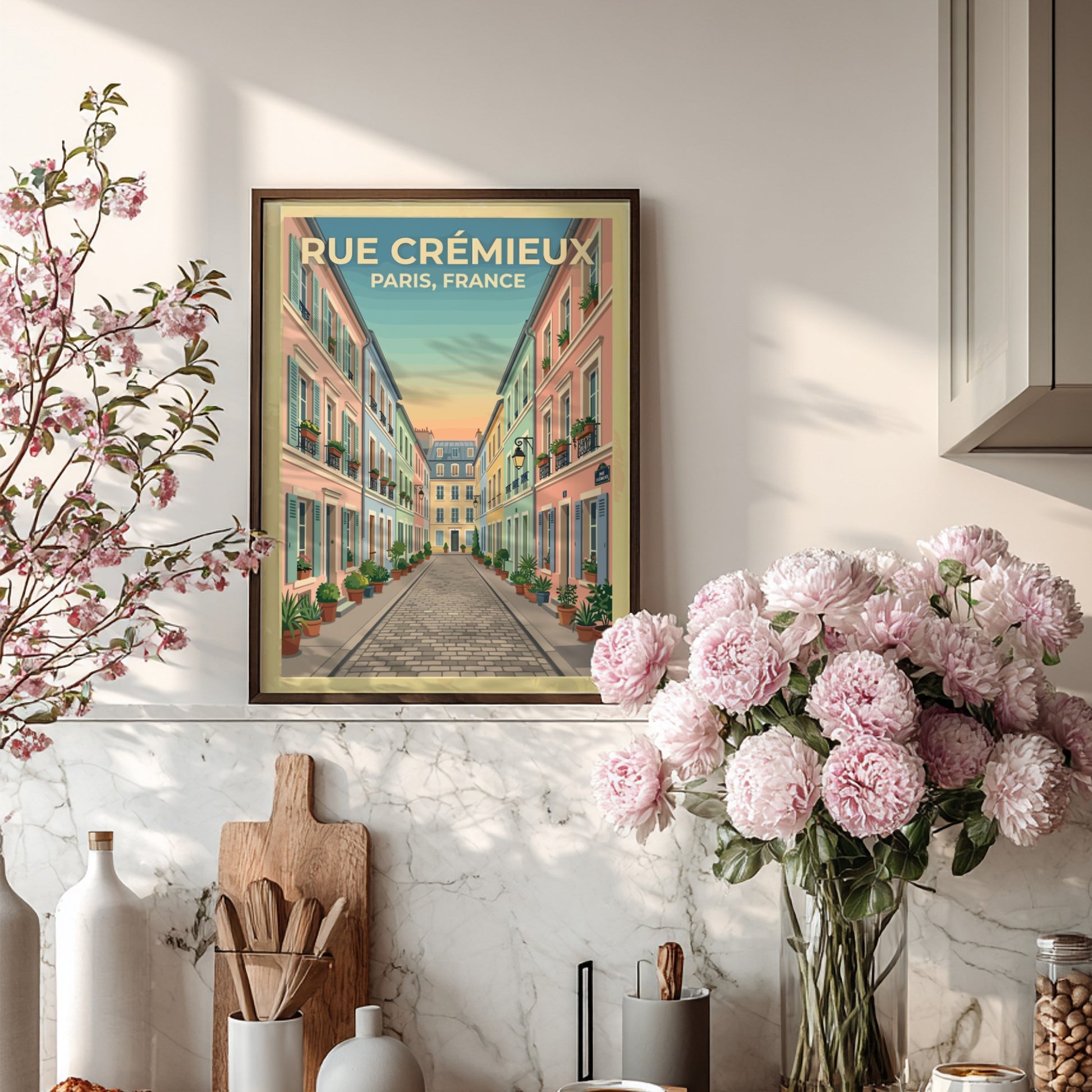 Travel poster of Rue Crémieux in Paris featuring pastel buildings and flower pots in a vintage style