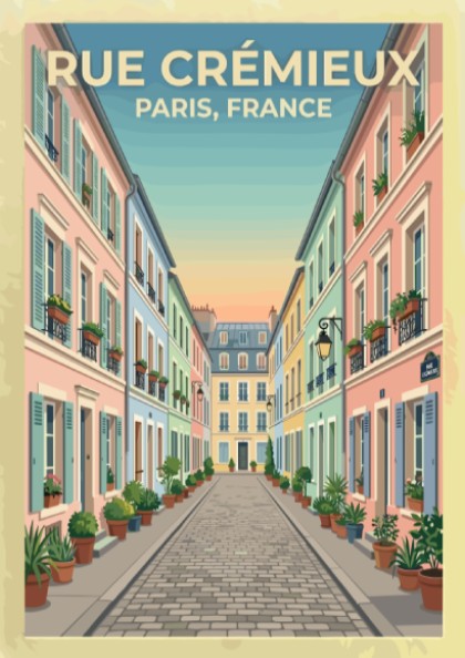 Travel poster of Rue Crémieux in Paris featuring pastel buildings and flower pots in a vintage style