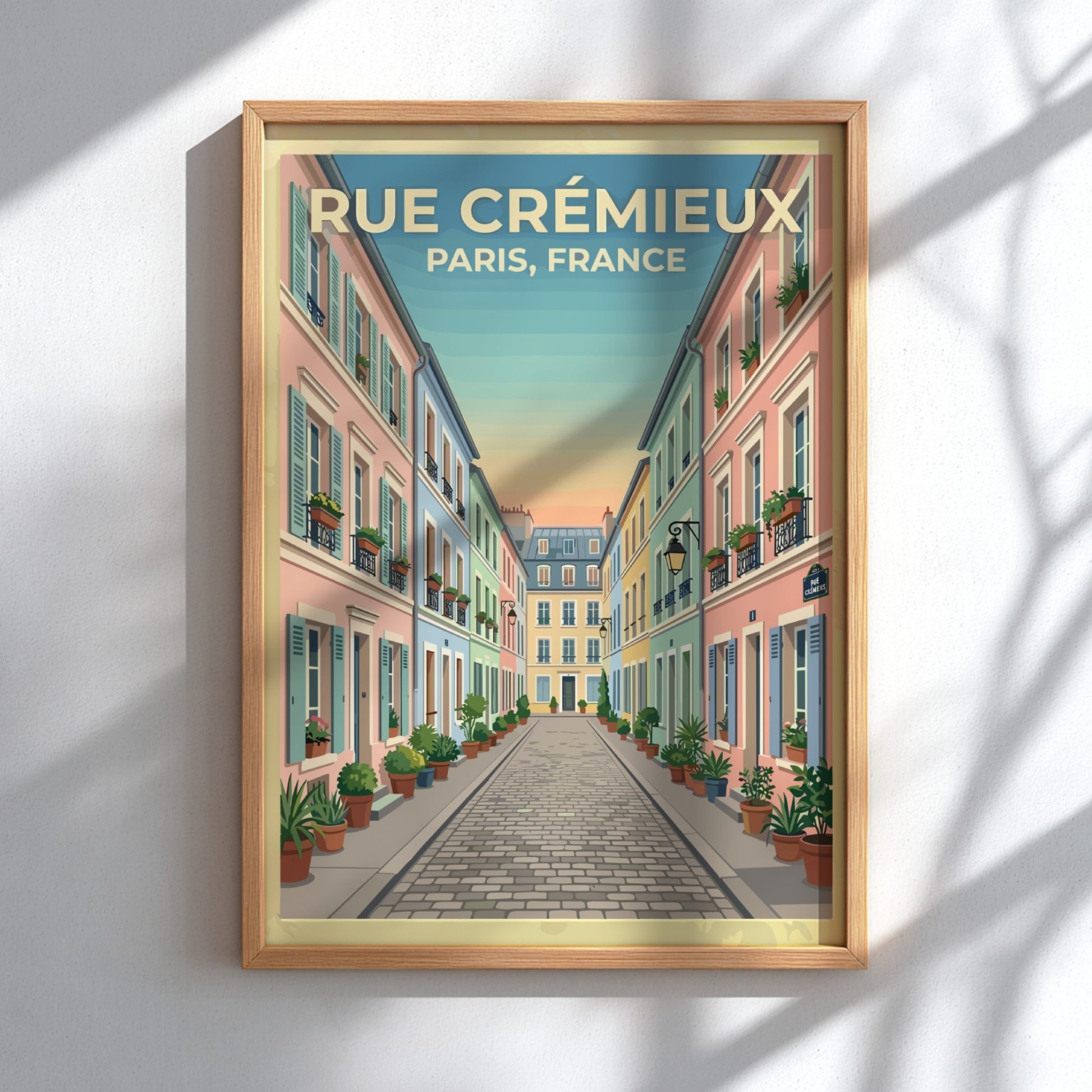 Travel poster of Rue Crémieux in Paris featuring pastel buildings and flower pots in a vintage style