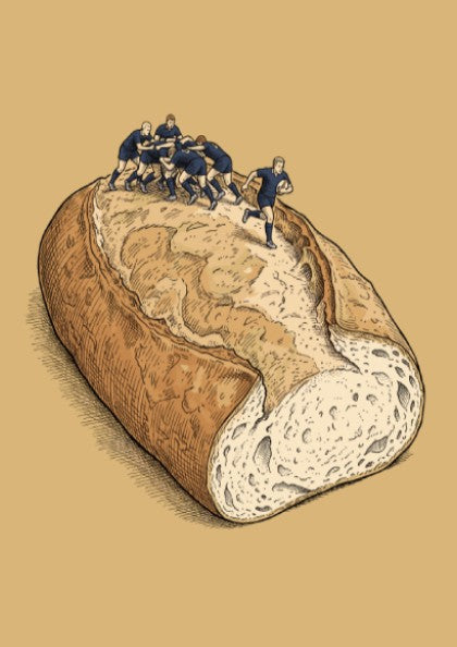 Poster featuring rugby players running on a large loaf of bread, surrealist illustration.