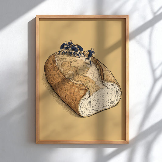 Poster featuring rugby players running on a large loaf of bread, surrealist illustration.
