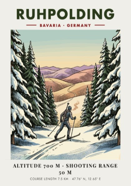 Poster of a biathlete skiing through a snowy Bavarian forest in Ruhpolding Germany.