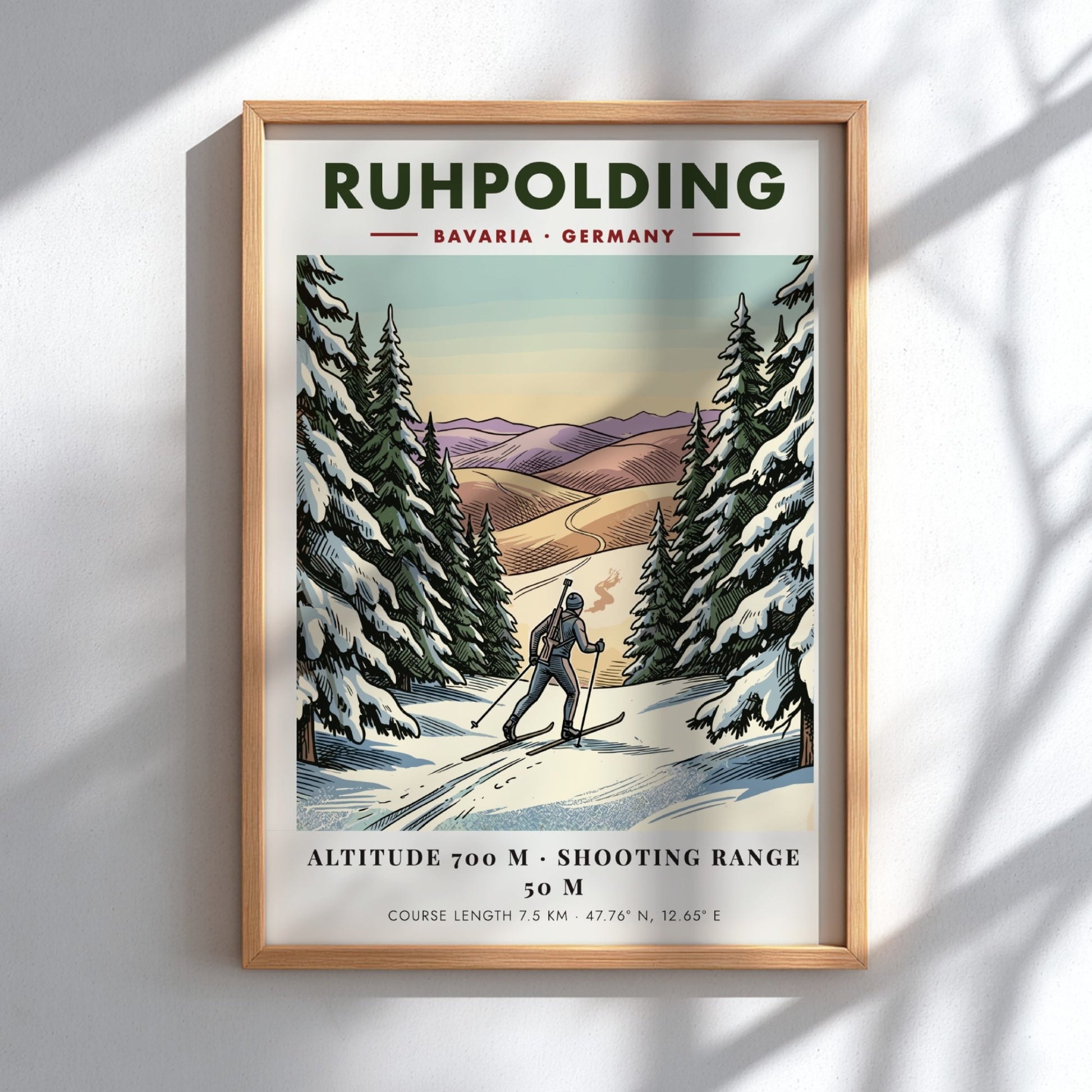 Poster of a biathlete skiing through a snowy Bavarian forest in Ruhpolding Germany.