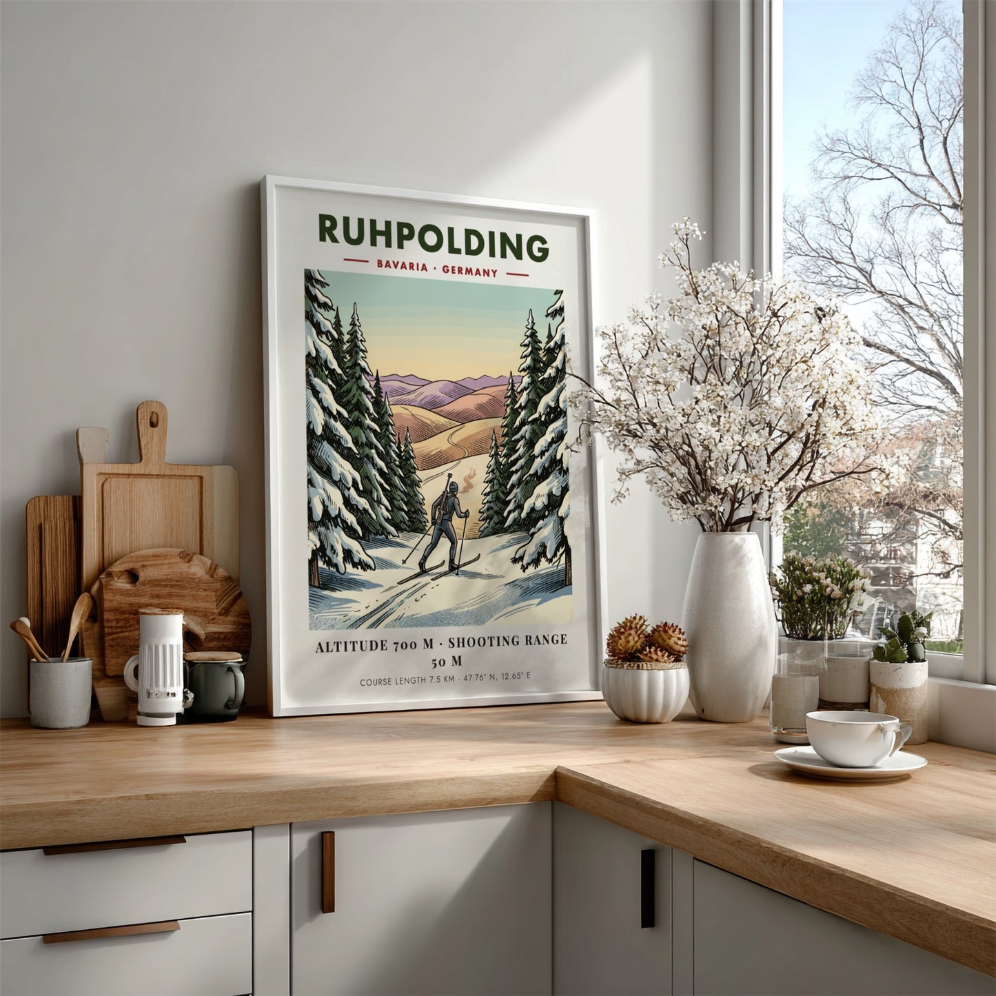 Poster of a biathlete skiing through a snowy Bavarian forest in Ruhpolding Germany.