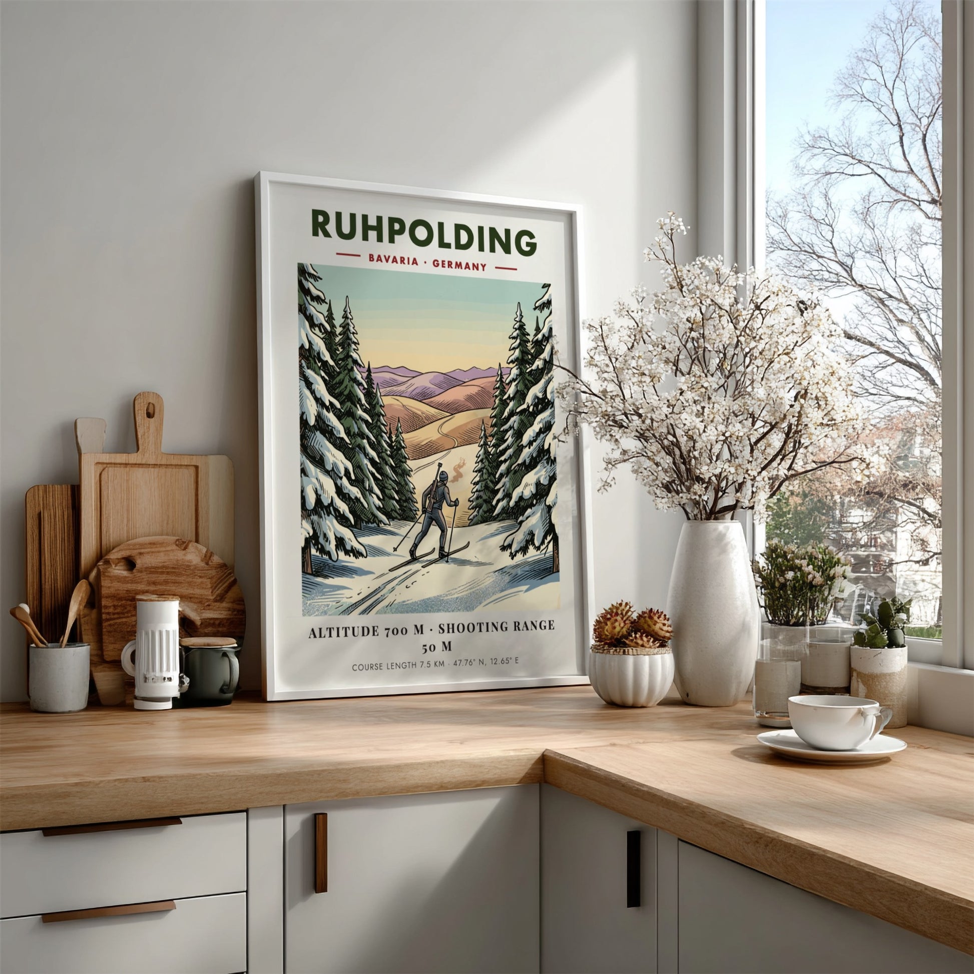 Poster of a biathlete skiing through a snowy Bavarian forest in Ruhpolding Germany.