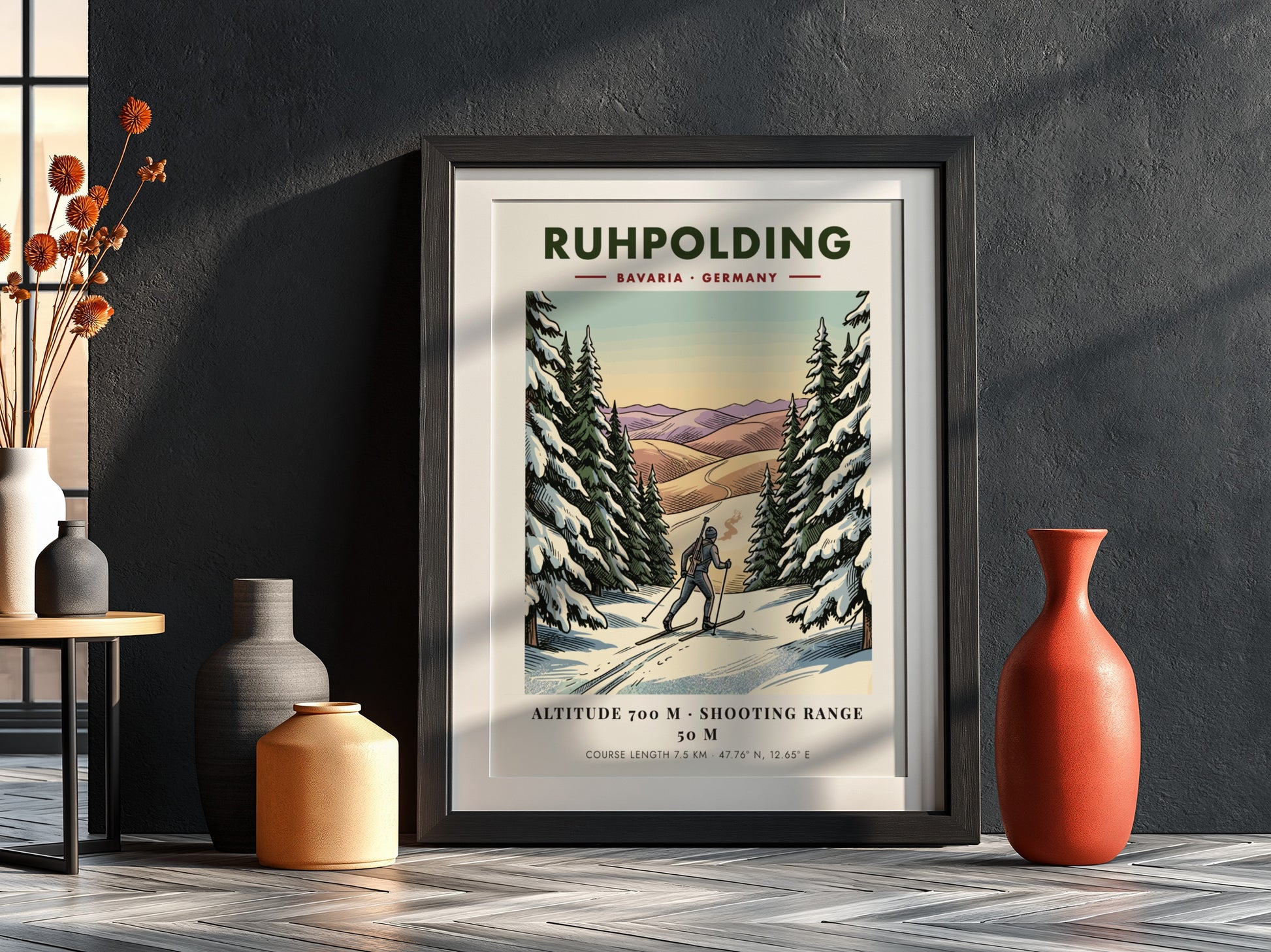 Poster of a biathlete skiing through a snowy Bavarian forest in Ruhpolding Germany.