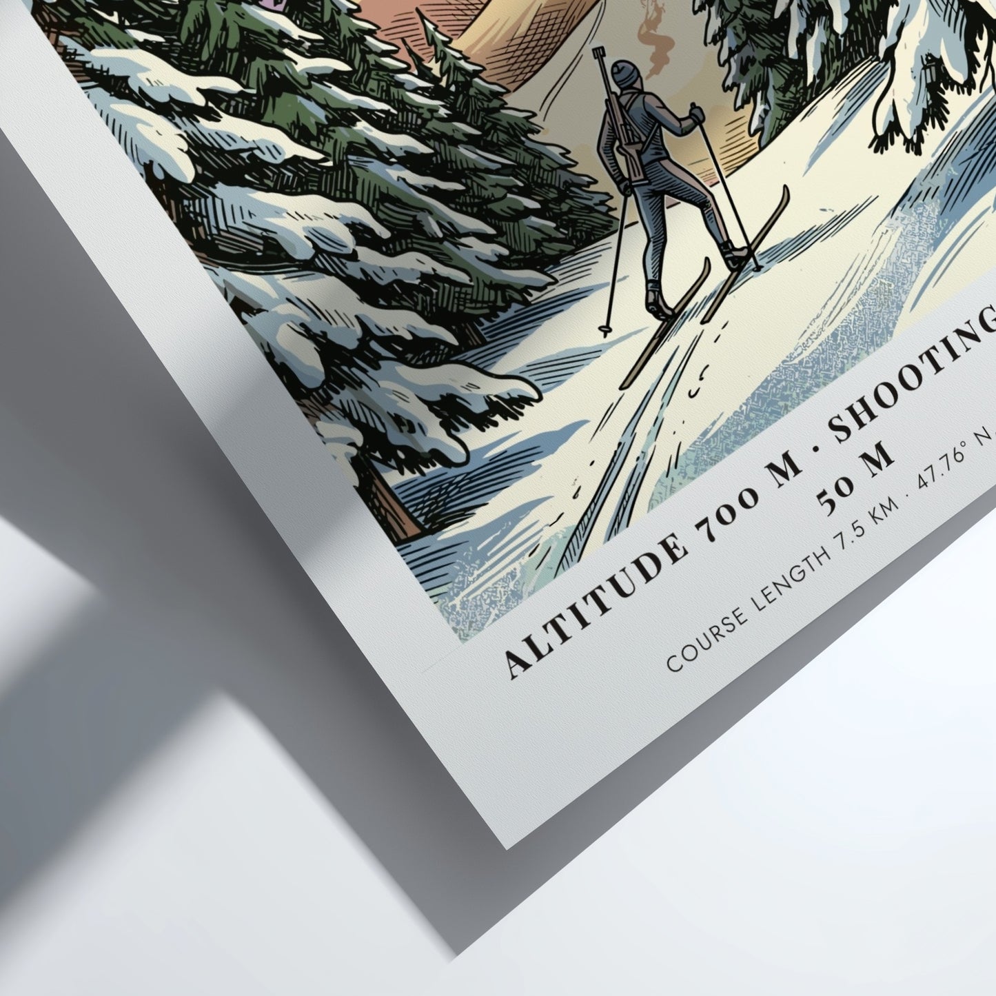 Poster of a biathlete skiing through a snowy Bavarian forest in Ruhpolding Germany.