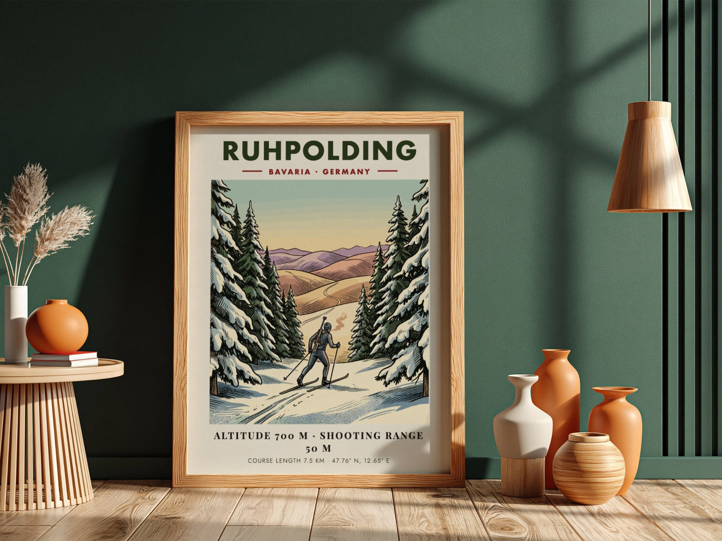 Poster of a biathlete skiing through a snowy Bavarian forest in Ruhpolding Germany.
