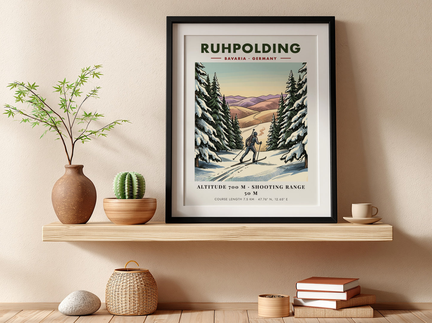 Poster of a biathlete skiing through a snowy Bavarian forest in Ruhpolding Germany.