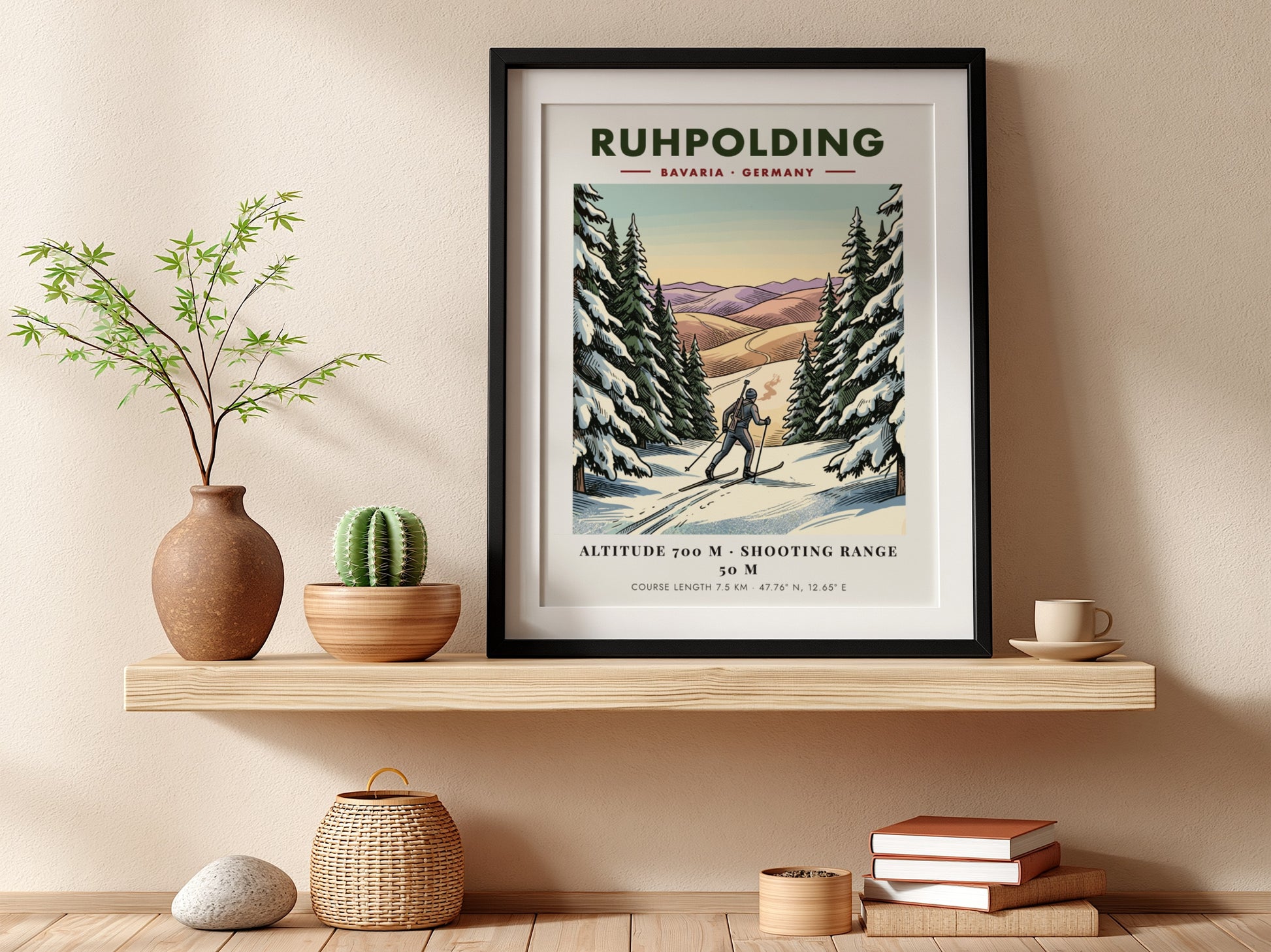 Poster of a biathlete skiing through a snowy Bavarian forest in Ruhpolding Germany.