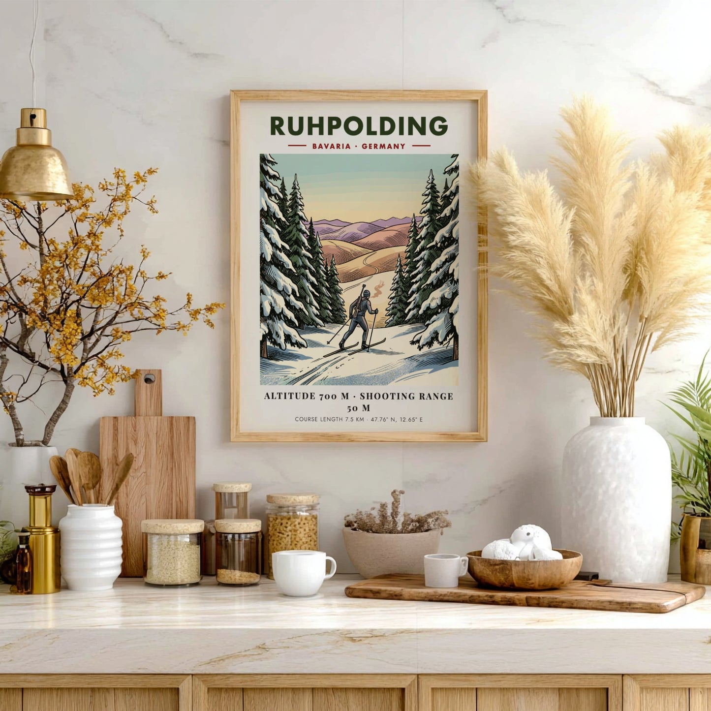 Poster of a biathlete skiing through a snowy Bavarian forest in Ruhpolding Germany.