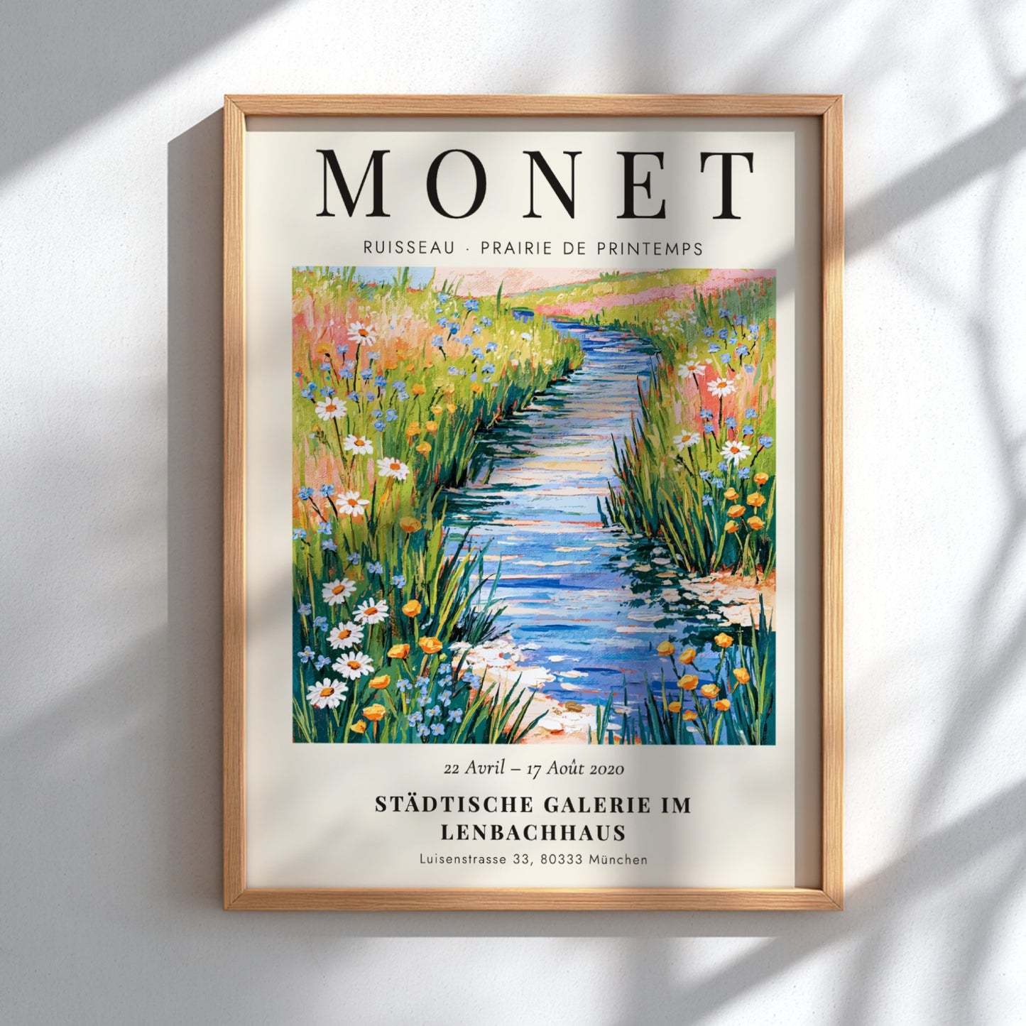 Monet inspired poster featuring a vibrant spring meadow with wildflowers and a stream