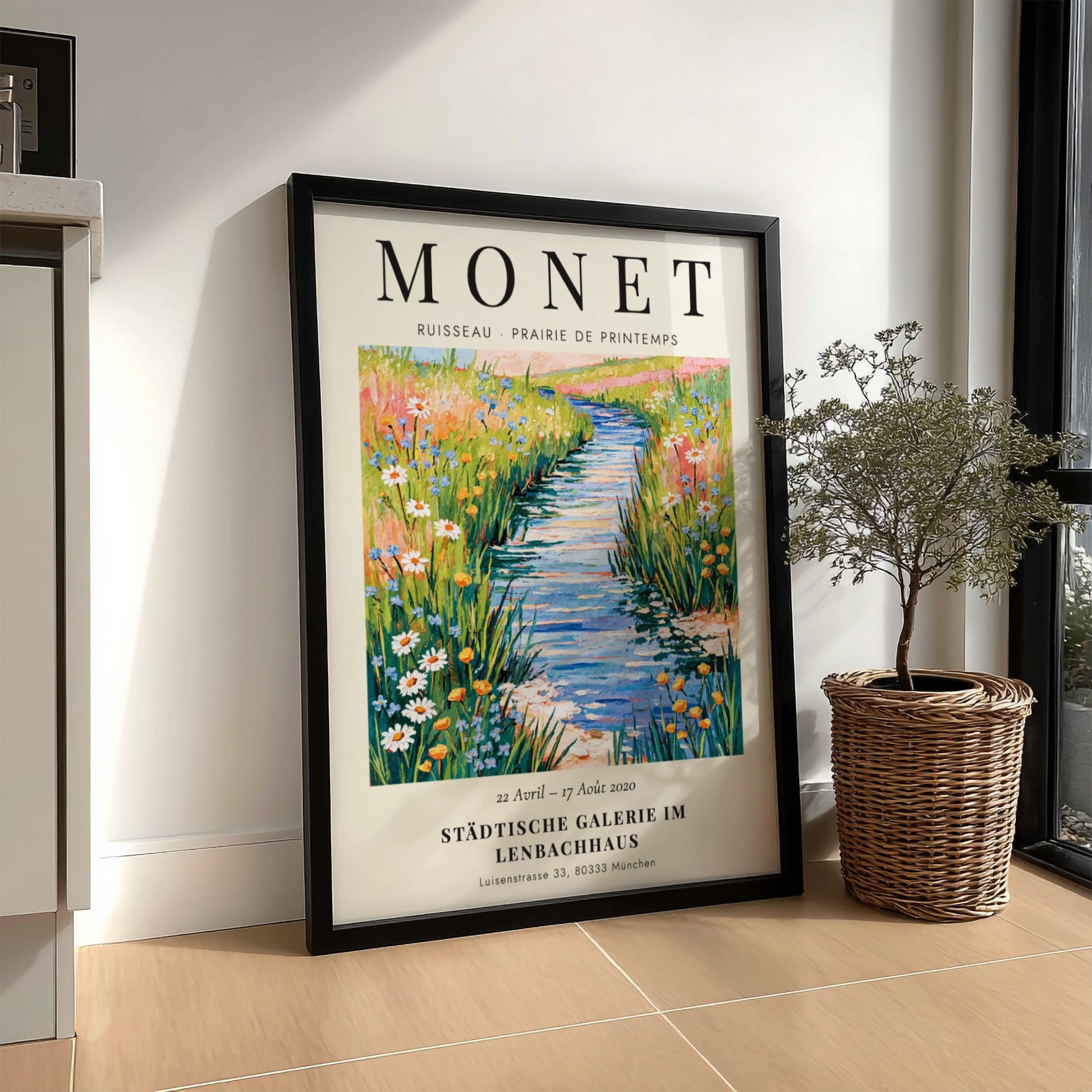 Monet inspired poster featuring a vibrant spring meadow with wildflowers and a stream