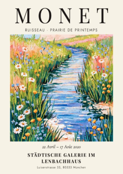 Monet inspired poster featuring a vibrant spring meadow with wildflowers and a stream