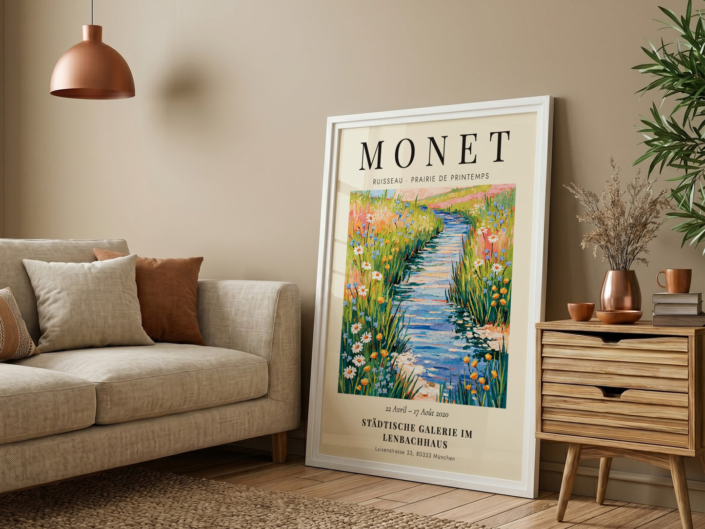 Monet inspired poster featuring a vibrant spring meadow with wildflowers and a stream