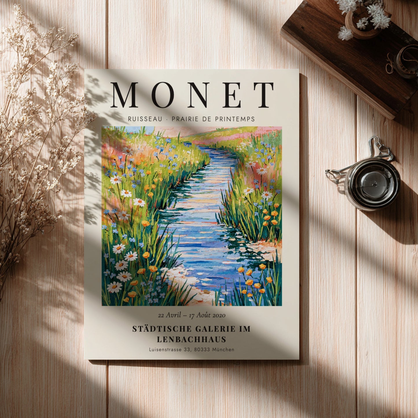 Monet inspired poster featuring a vibrant spring meadow with wildflowers and a stream