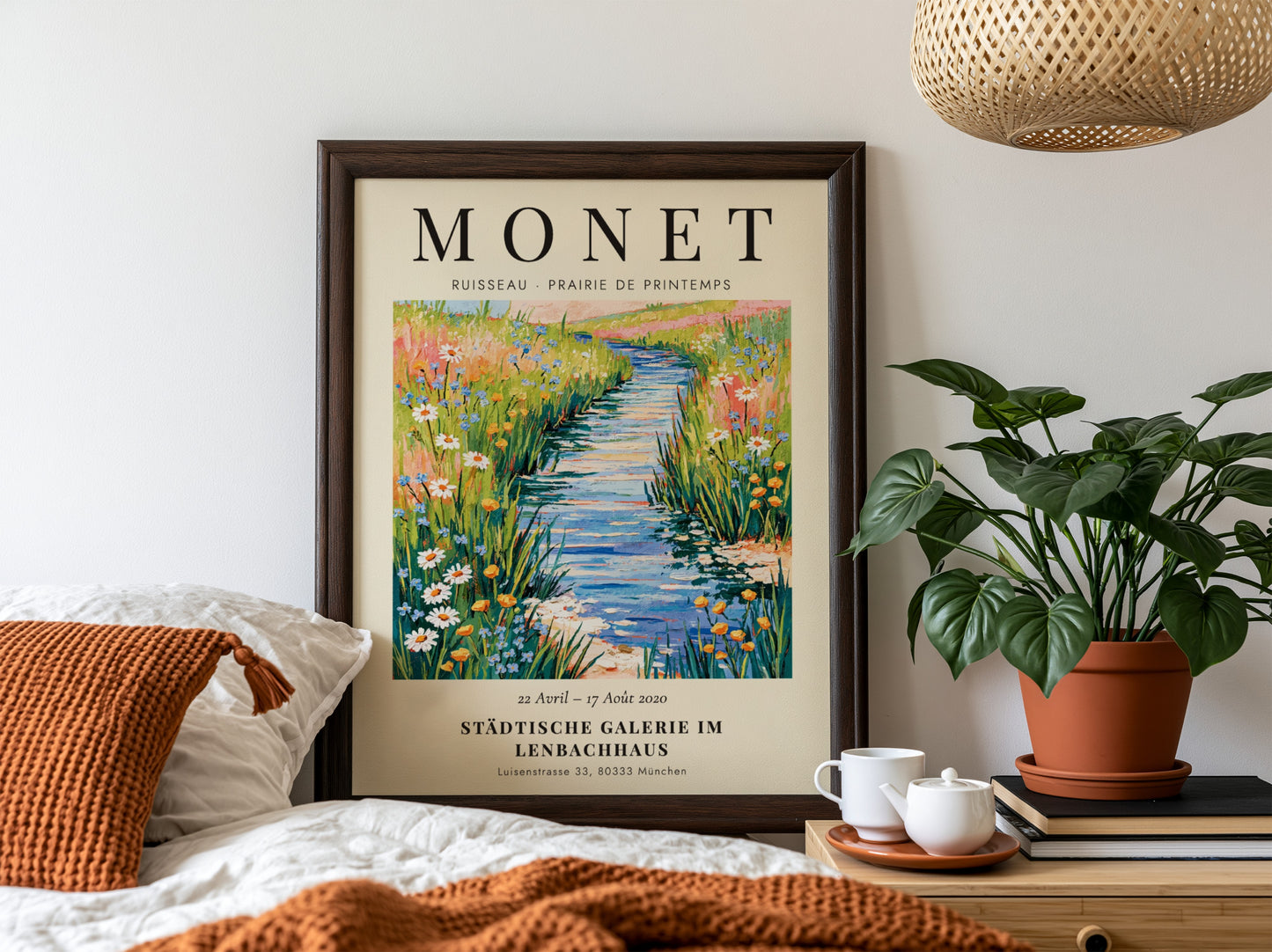 Monet inspired poster featuring a vibrant spring meadow with wildflowers and a stream
