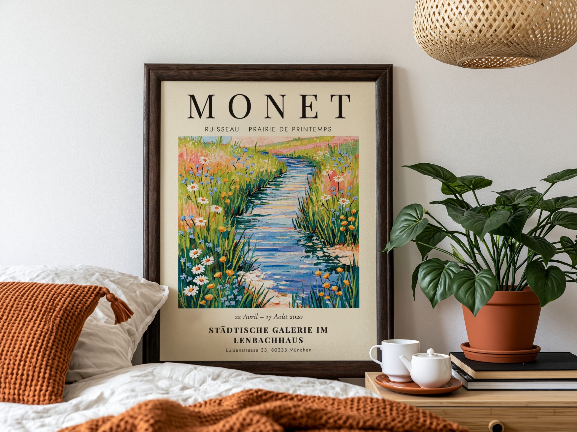 Monet inspired poster featuring a vibrant spring meadow with wildflowers and a stream