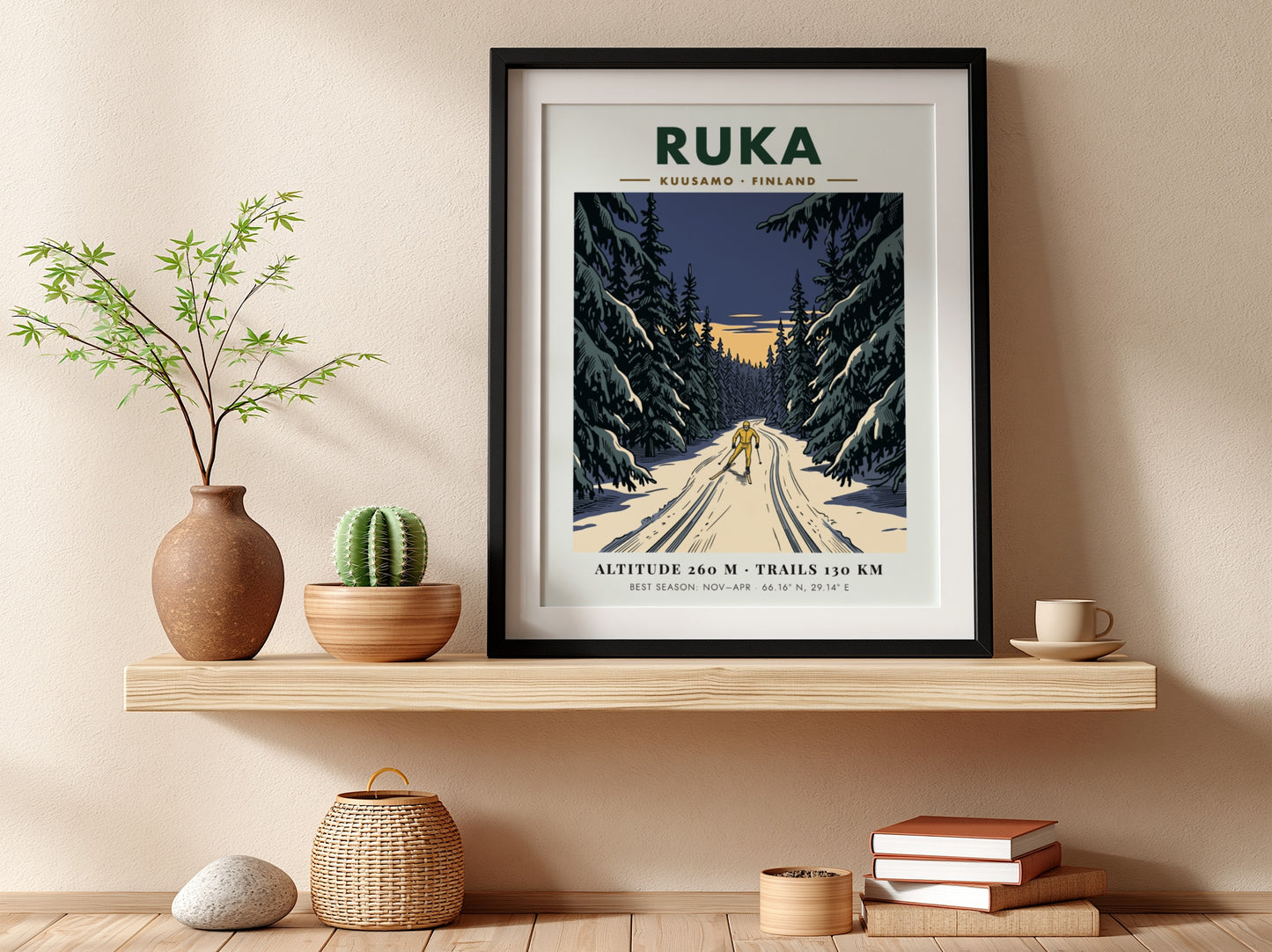 Poster featuring a lone skier on a snowy trail through Ruka Finland forest