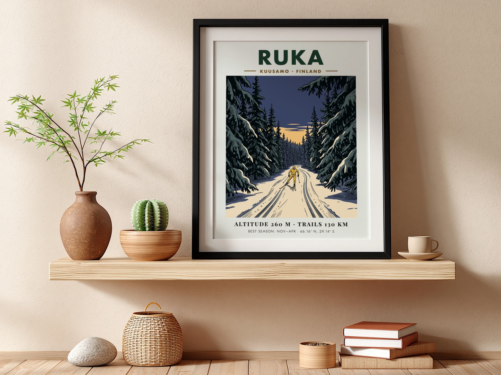 Poster featuring a lone skier on a snowy trail through Ruka Finland forest