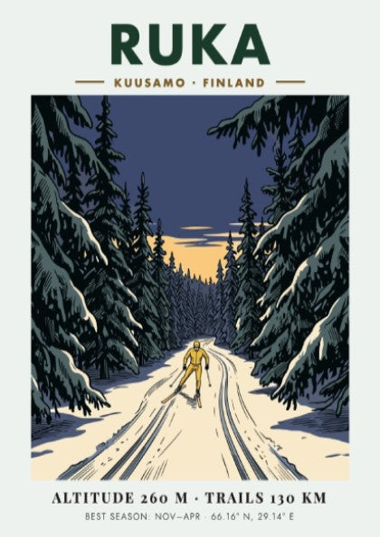 Poster featuring a lone skier on a snowy trail through Ruka Finland forest