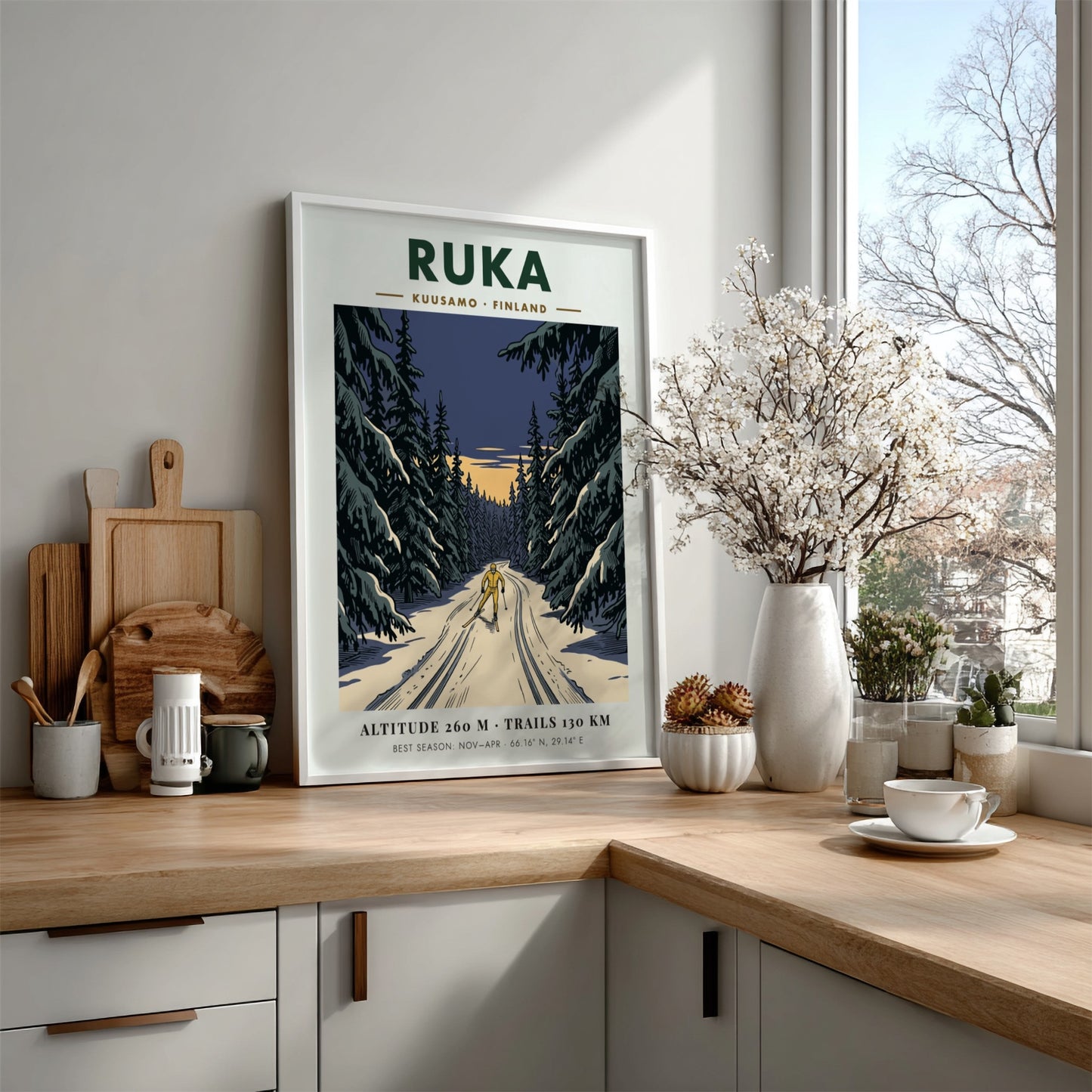 Poster featuring a lone skier on a snowy trail through Ruka Finland forest