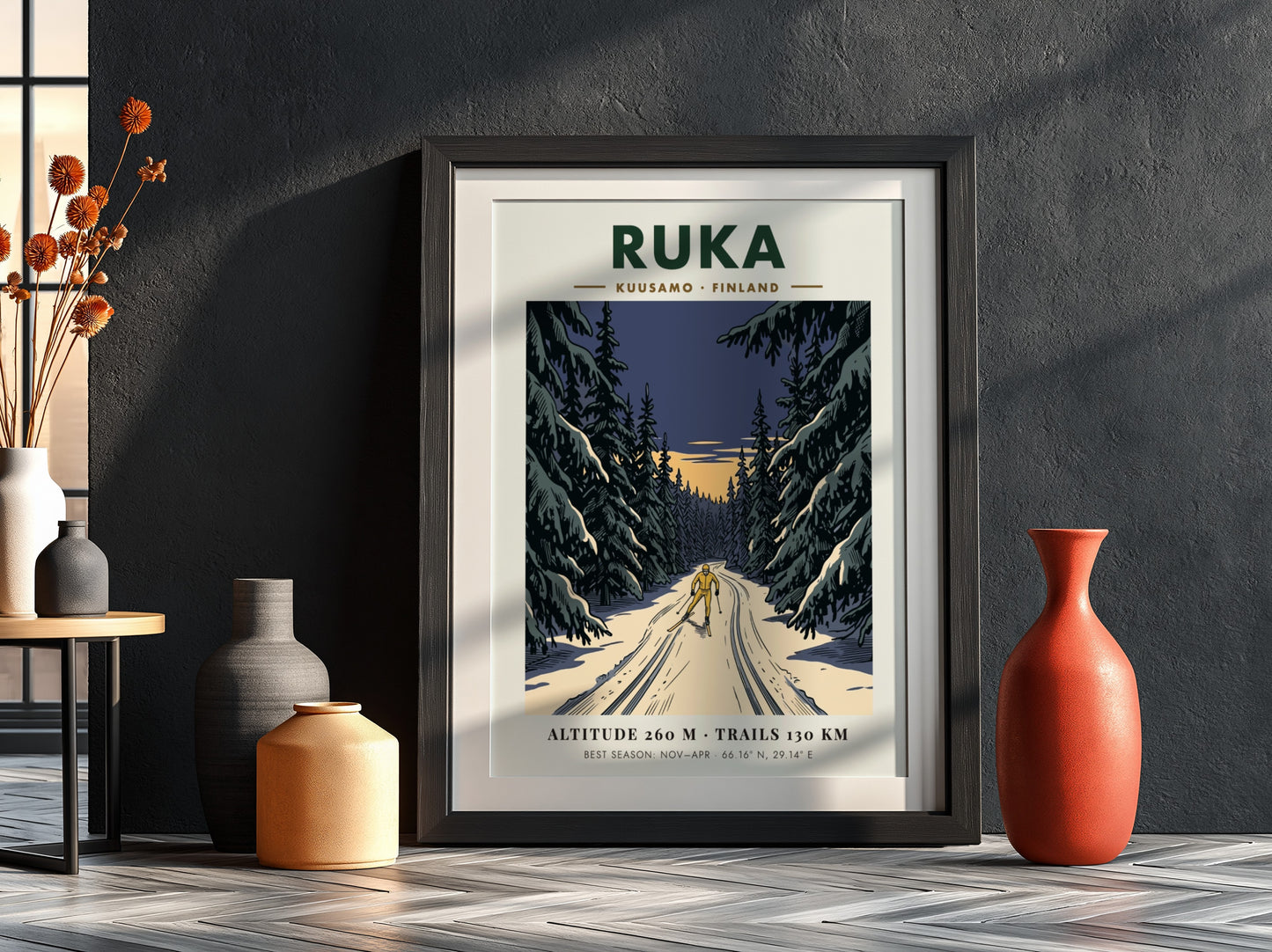 Poster featuring a lone skier on a snowy trail through Ruka Finland forest