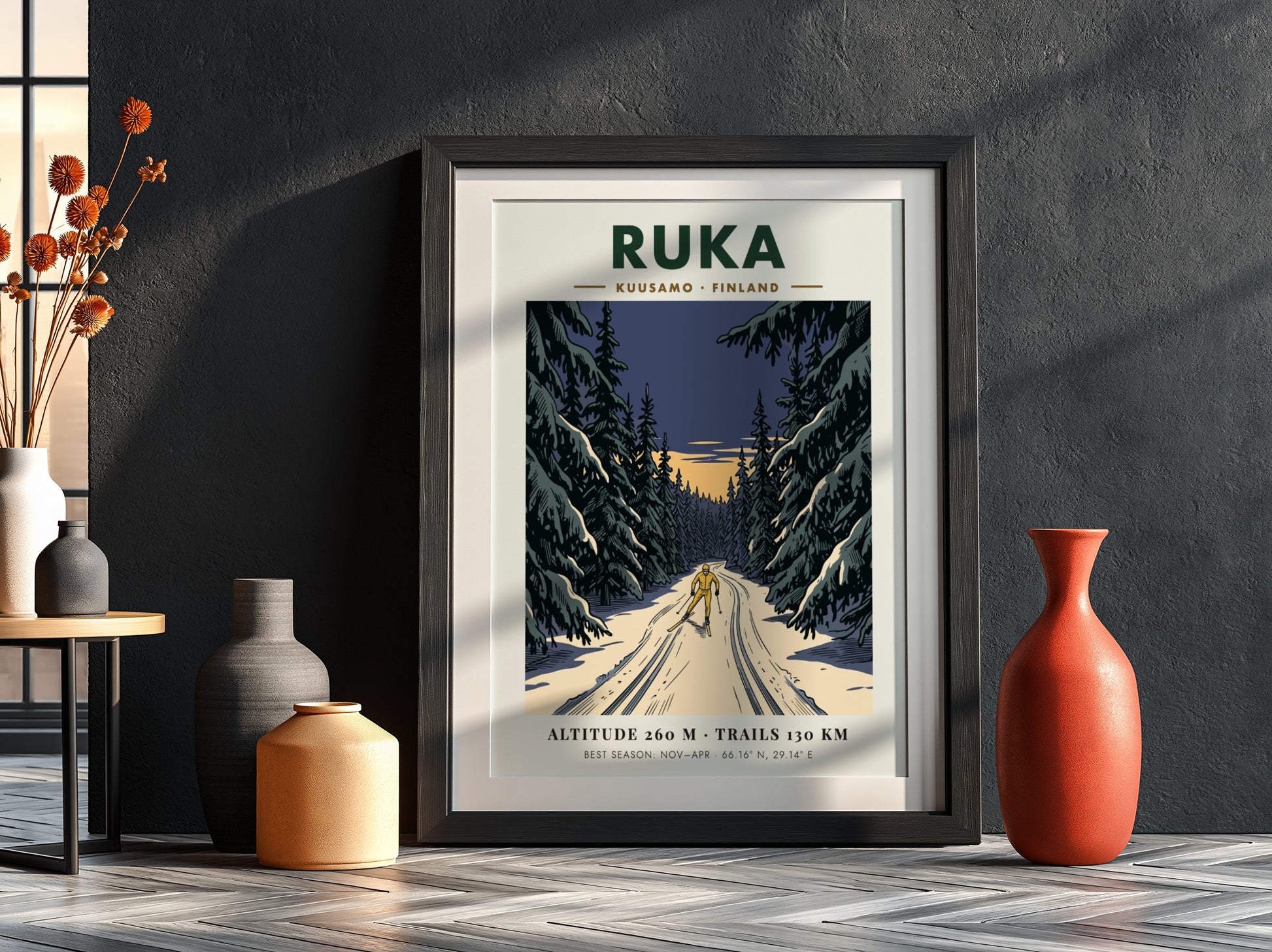 Poster featuring a lone skier on a snowy trail through Ruka Finland forest