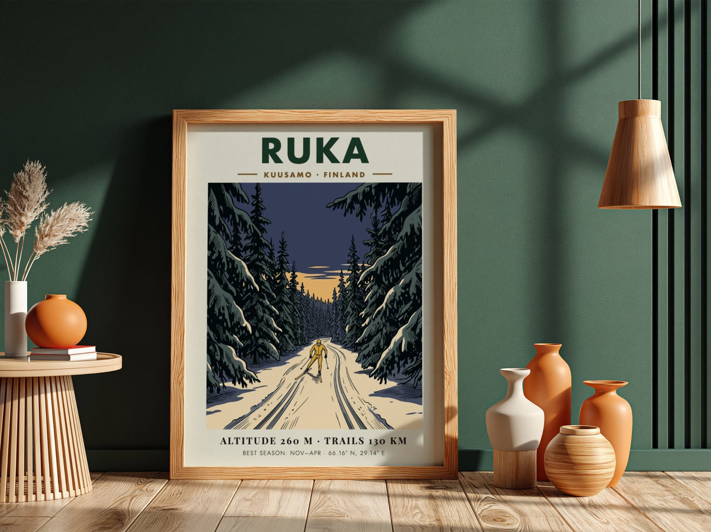 Poster featuring a lone skier on a snowy trail through Ruka Finland forest