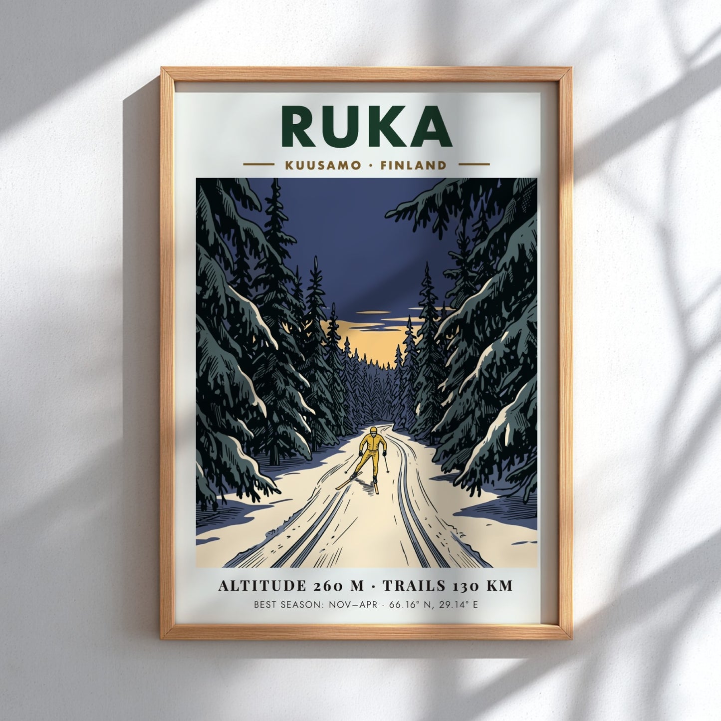 Poster featuring a lone skier on a snowy trail through Ruka Finland forest